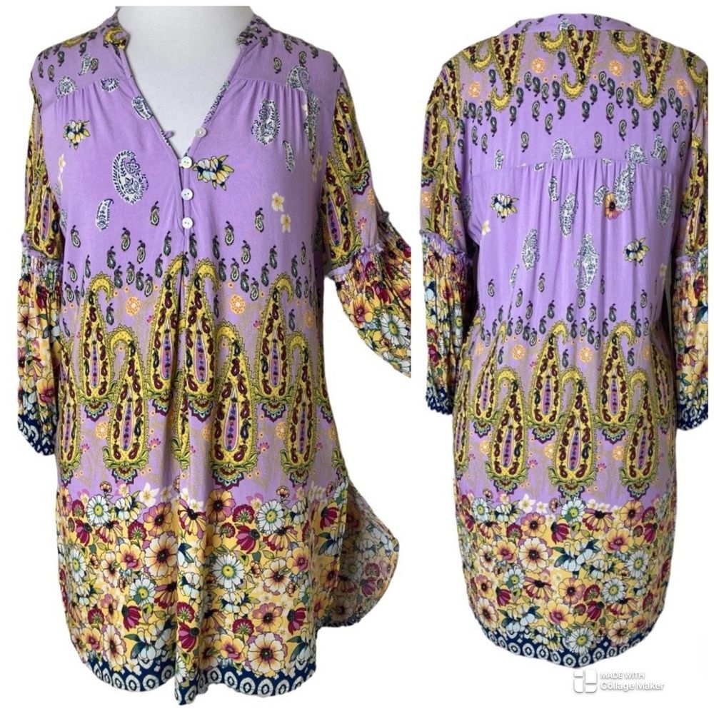 Anthropologie Fig & Flower Lavender Multicolor Paisley Boho Peasant Tunic Blouse